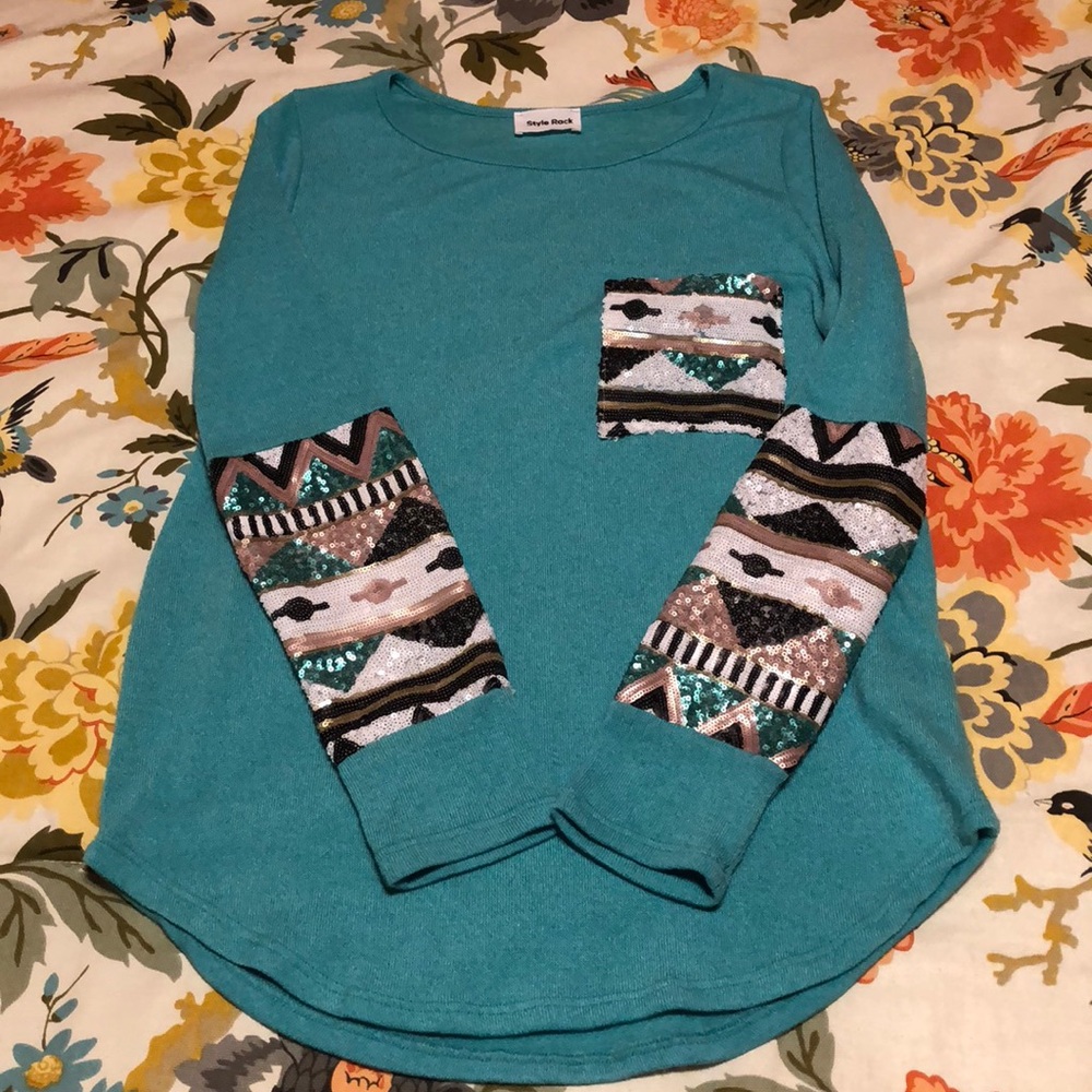 Mint Green Sweater with Sequined Aztec Sleeves - Picture 1 of 3